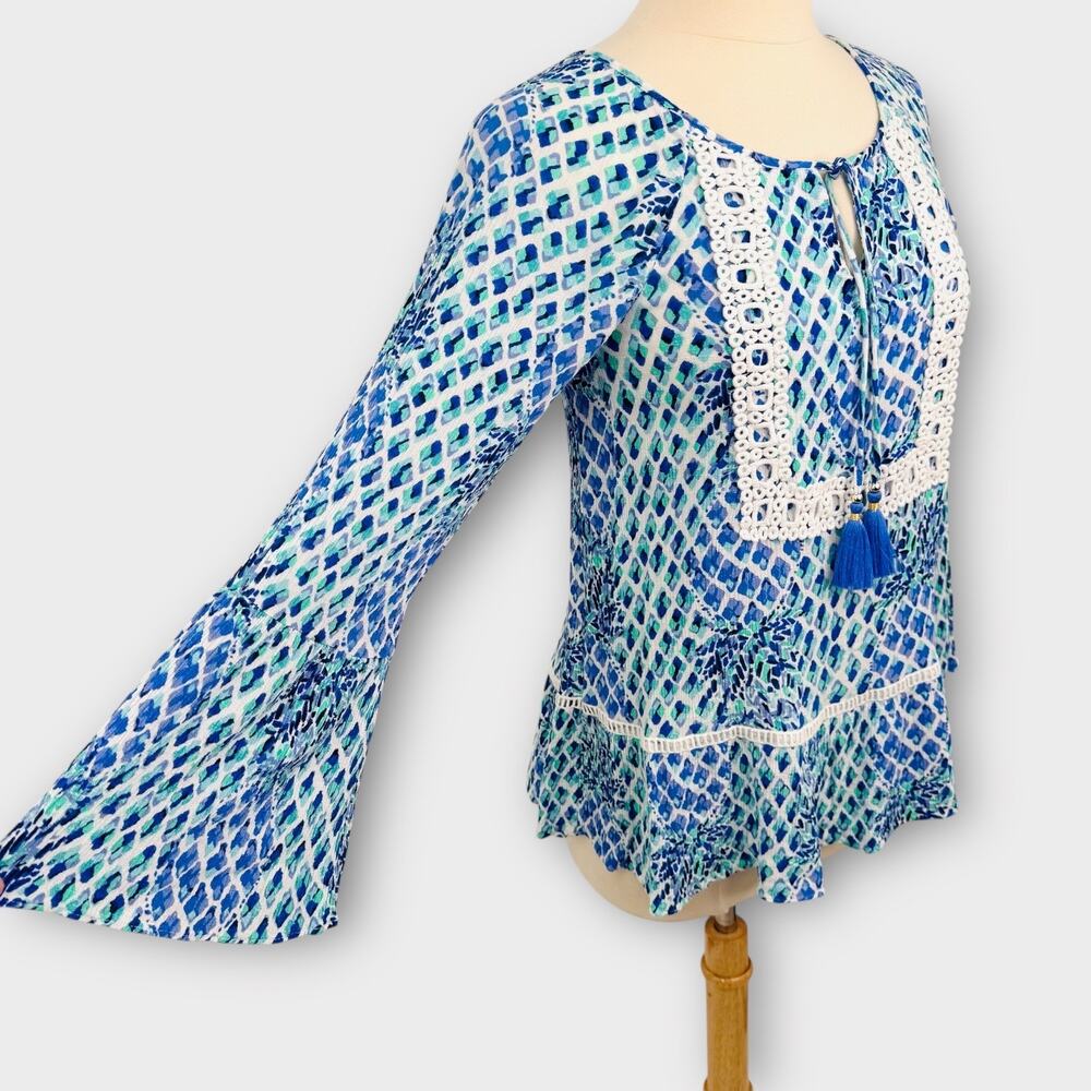Lilly Pulitzer Amisa Tunic Top Bell Sleeve Crochet Trim Boho Flowy Top Small - Picture 7 of 11